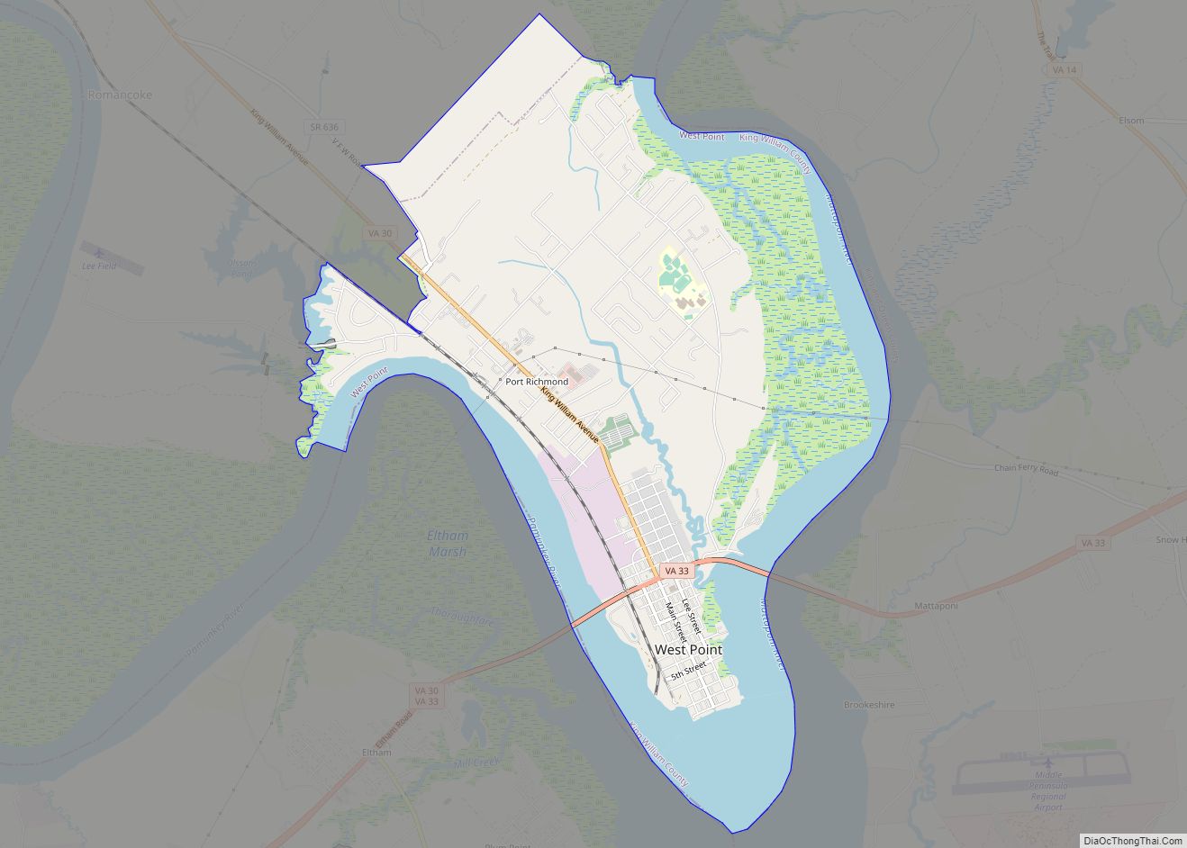 Map of West Point town, Virginia