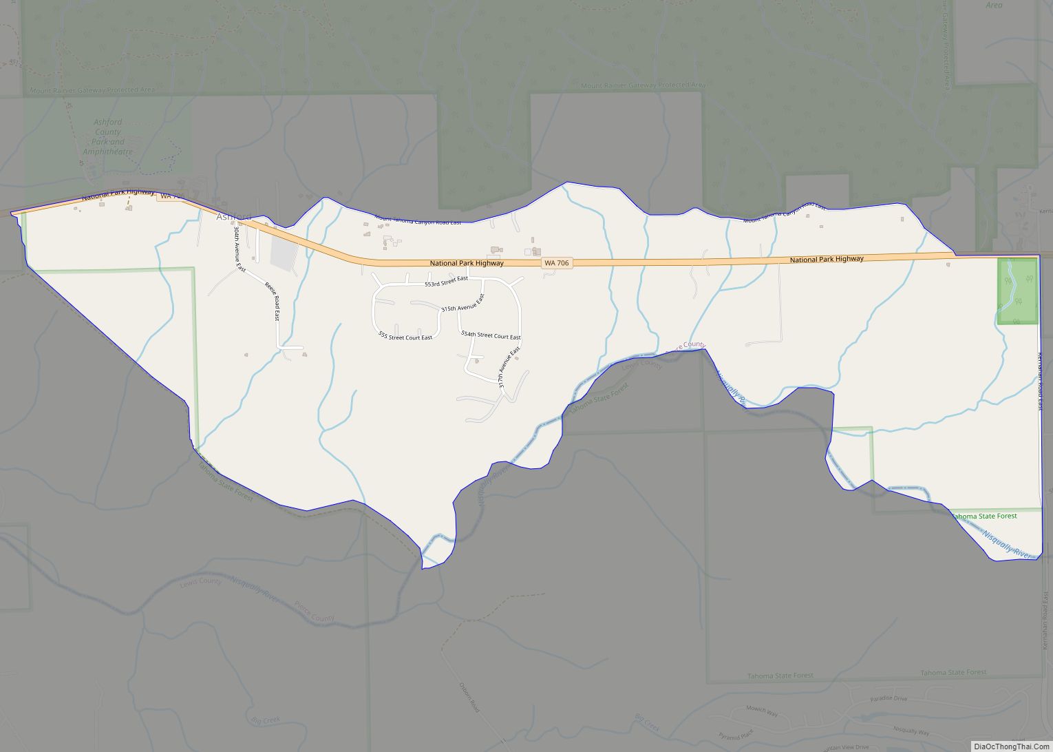 Map of Ashford CDP, Washington