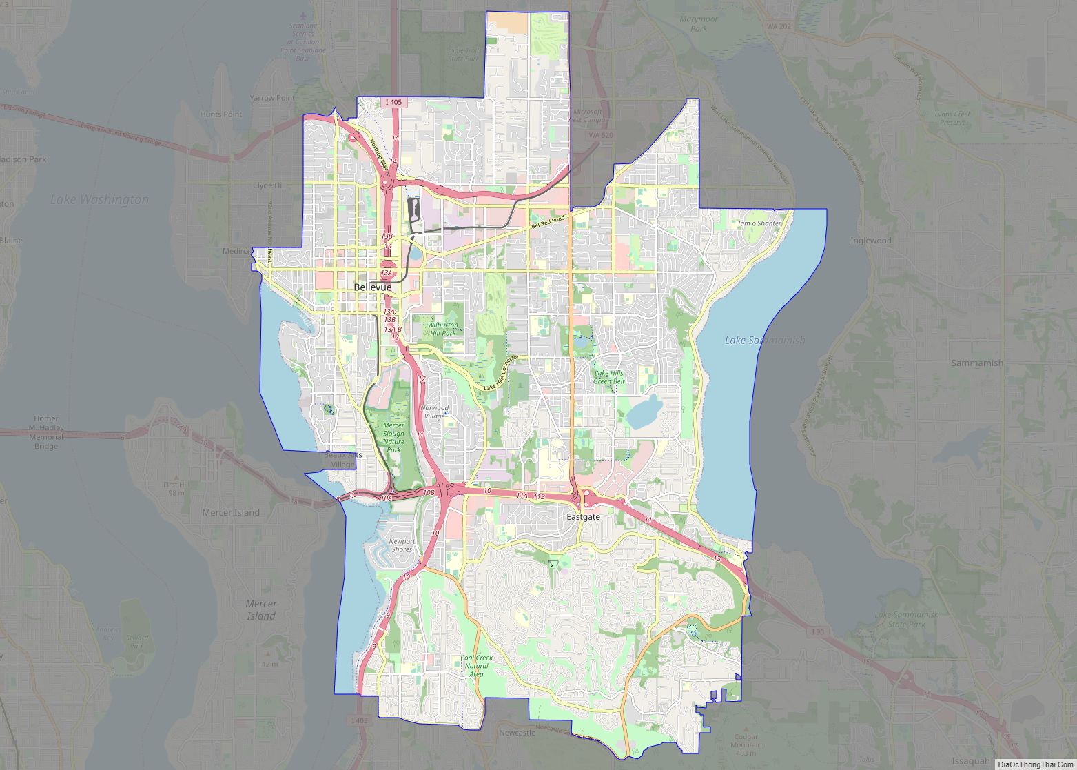 Map of Bellevue city, Washington
