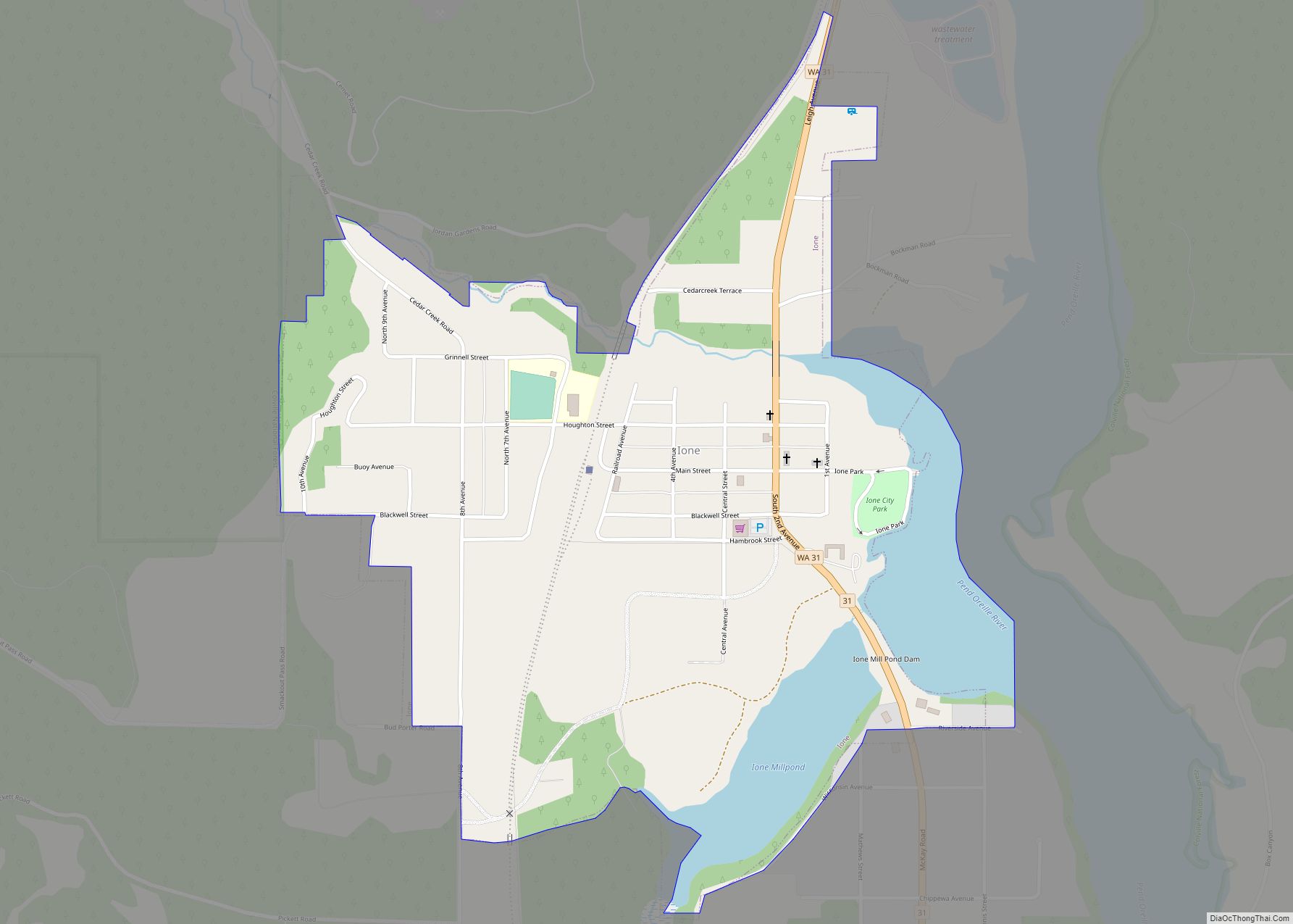 Map of Ione town, Washington