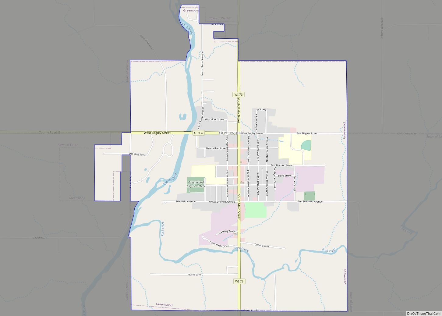 Map of Greenwood city, Wisconsin