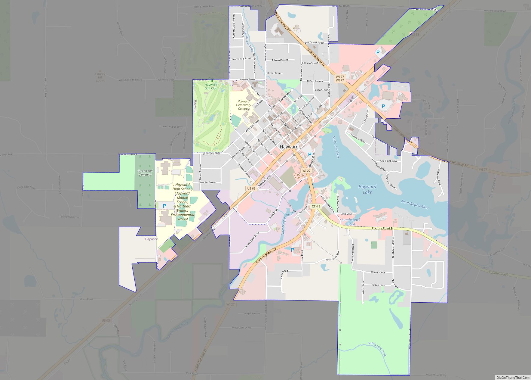 Map of Hayward city, Wisconsin