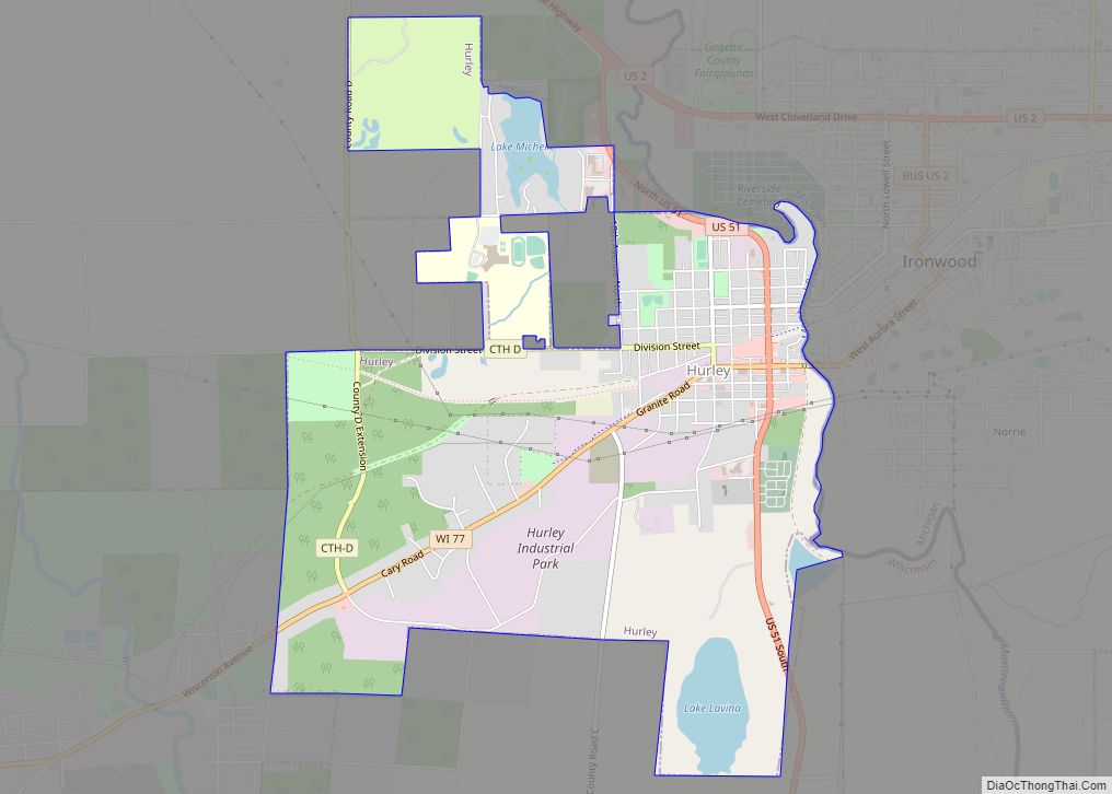 Map of Hurley city, Wisconsin