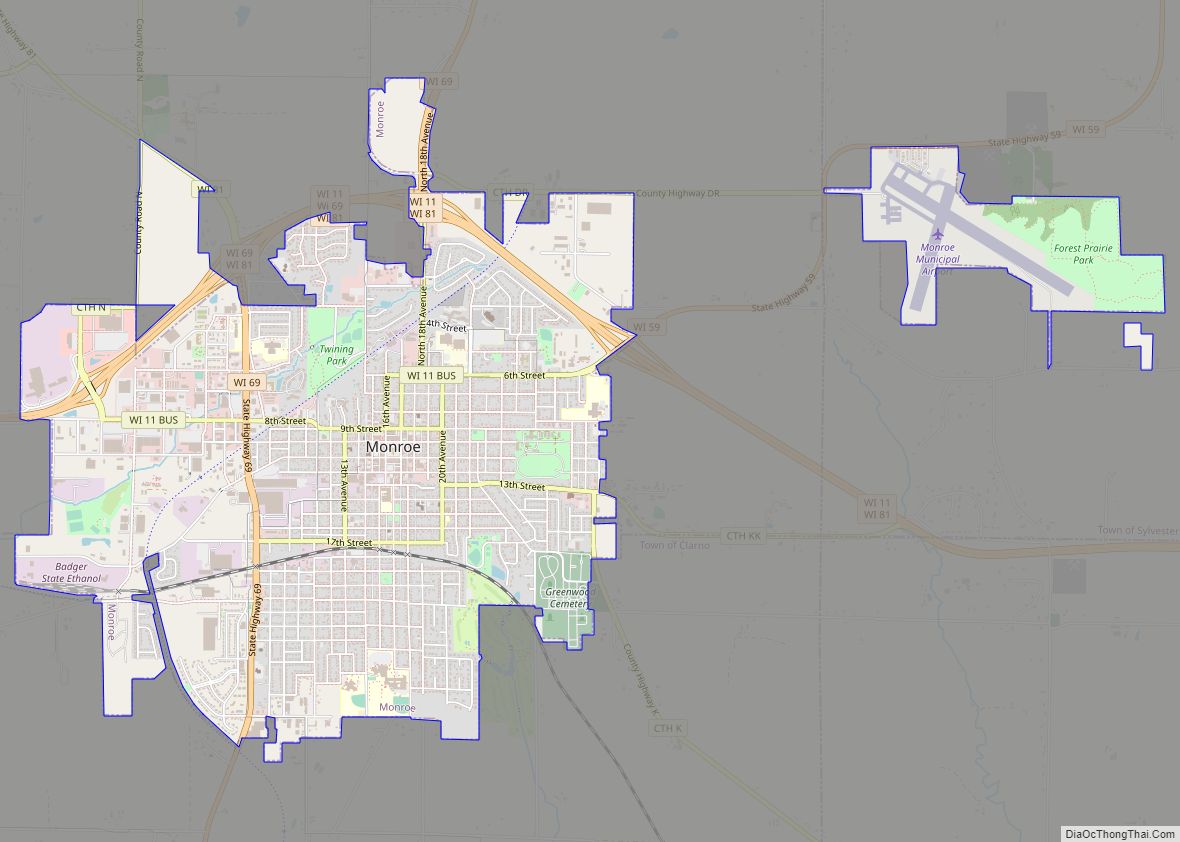 Map of Monroe city, Wisconsin