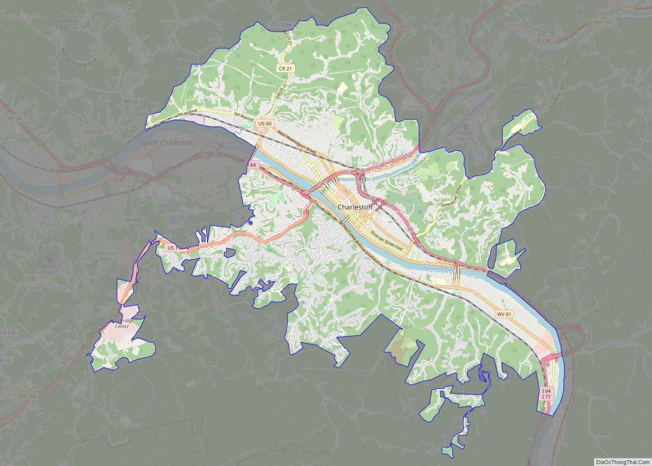 Map of Charleston city, West Virginia