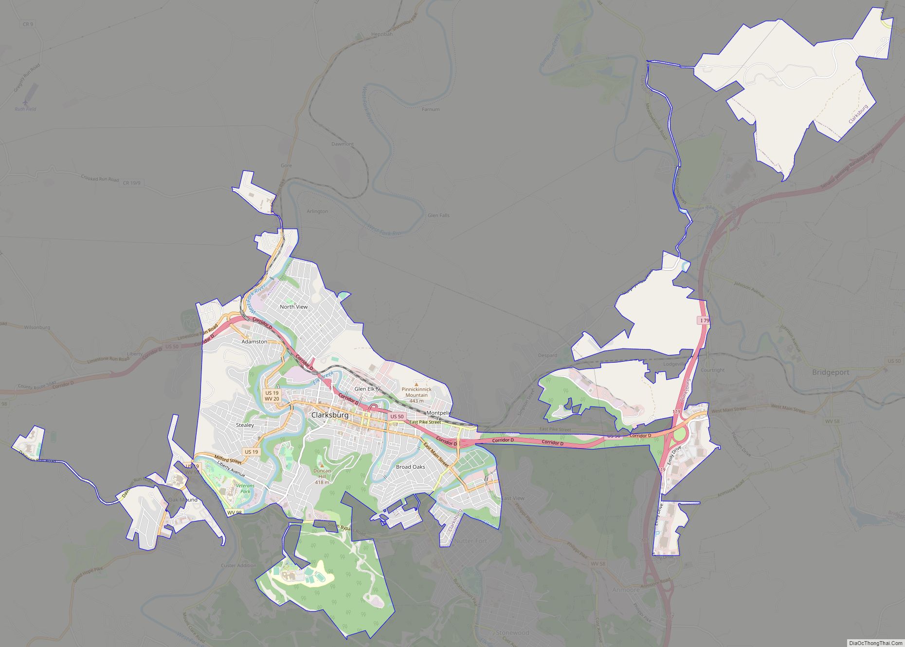 Map of Clarksburg city, West Virginia