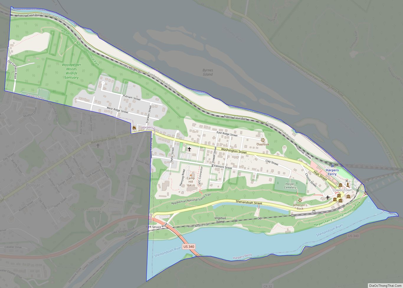 Map of Harpers Ferry town, West Virginia