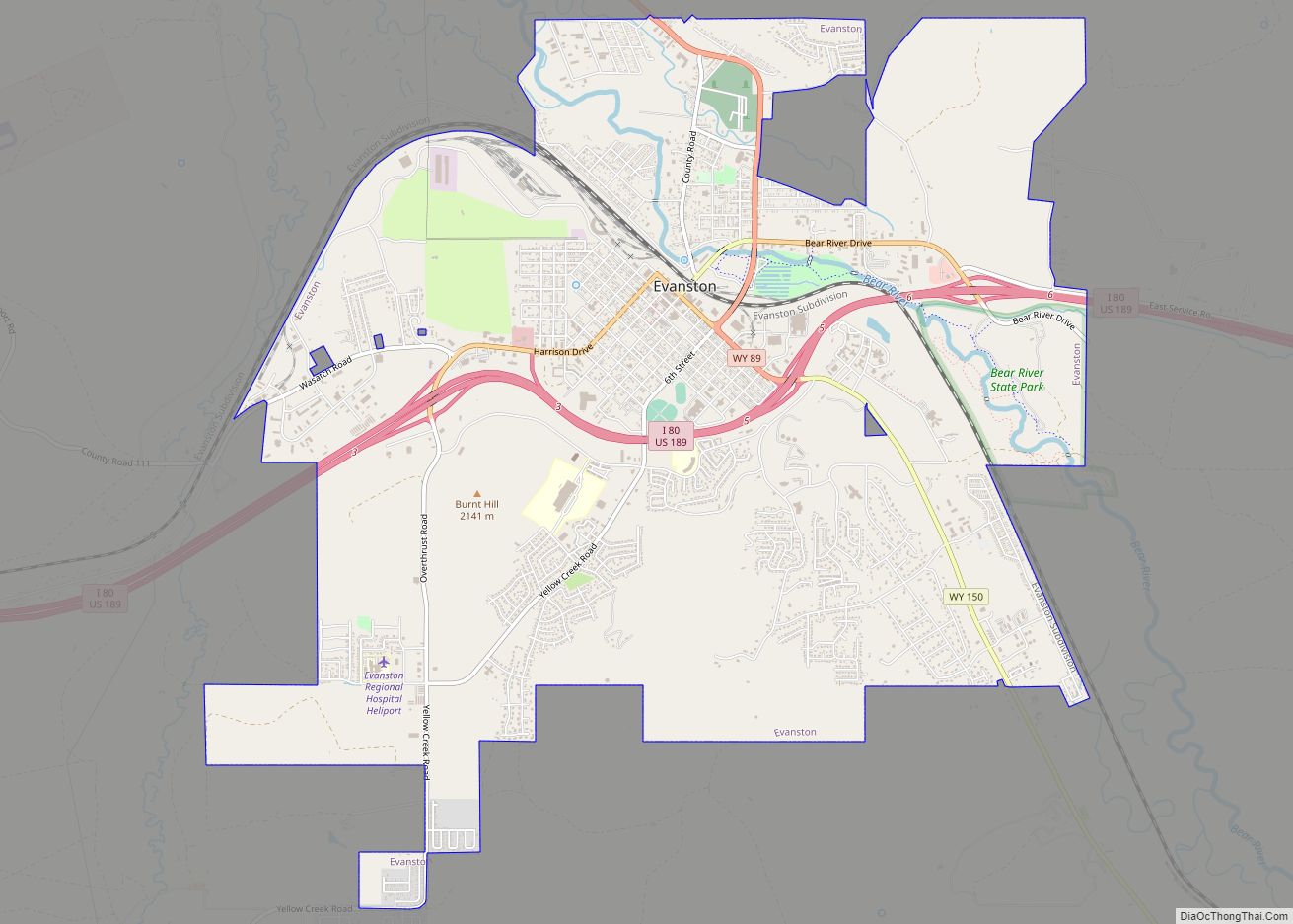 Map of Evanston city, Wyoming