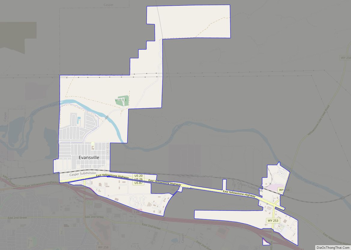 Map of Evansville town, Wyoming