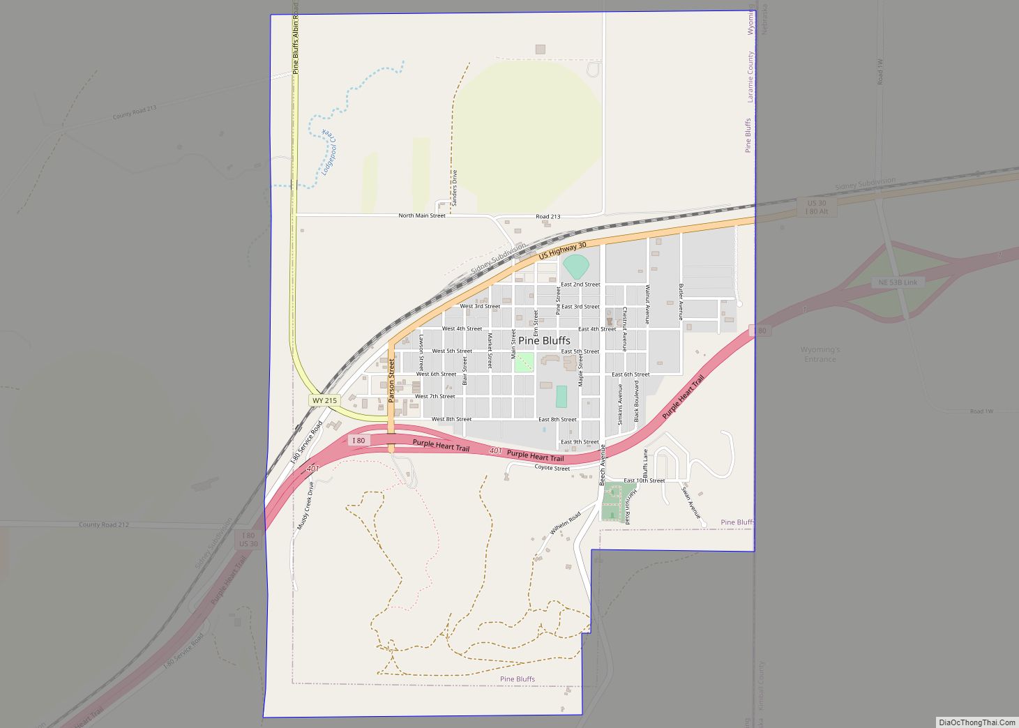 Map of Pine Bluffs town