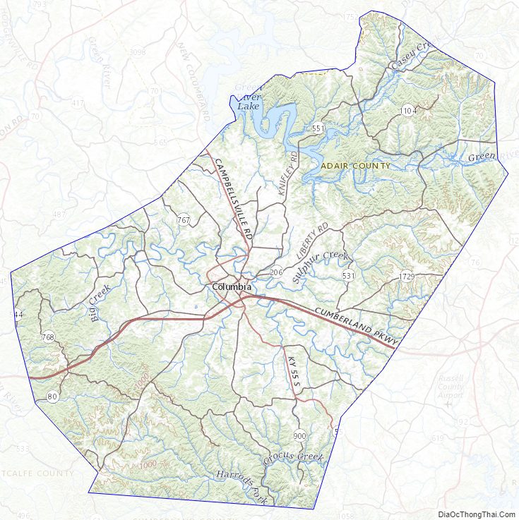 Topographic map of Adair County, Kentucky