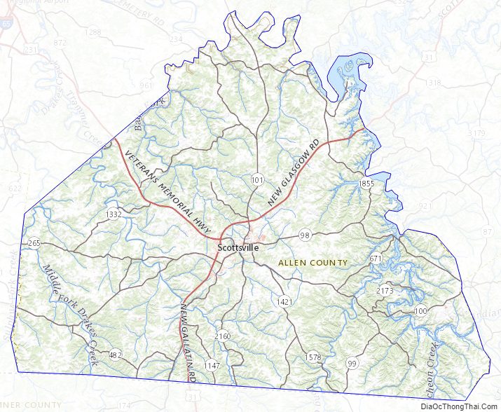 Topographic map of Allen County, Kentucky