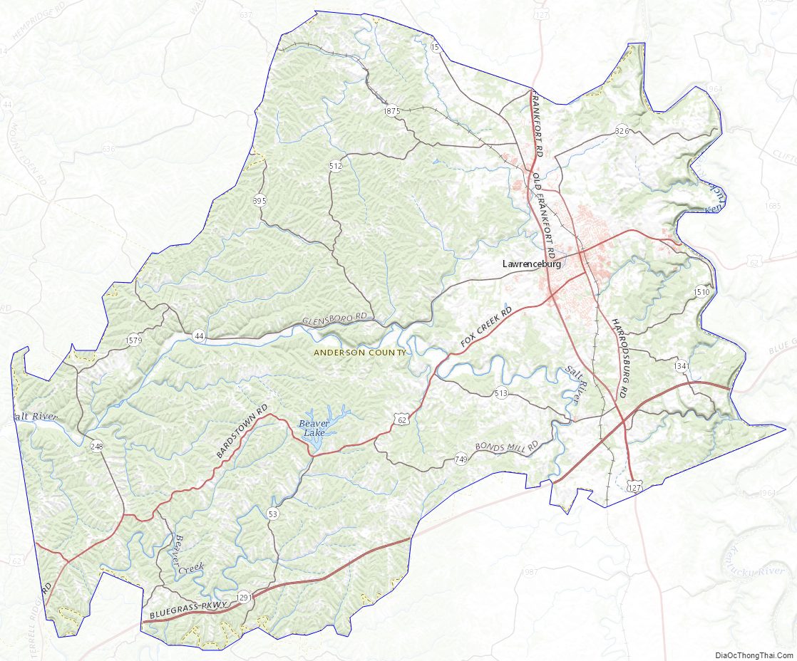 Topographic Map of Anderson County, Kentucky