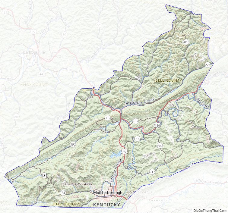 Topographic map of Bell County, Kentucky