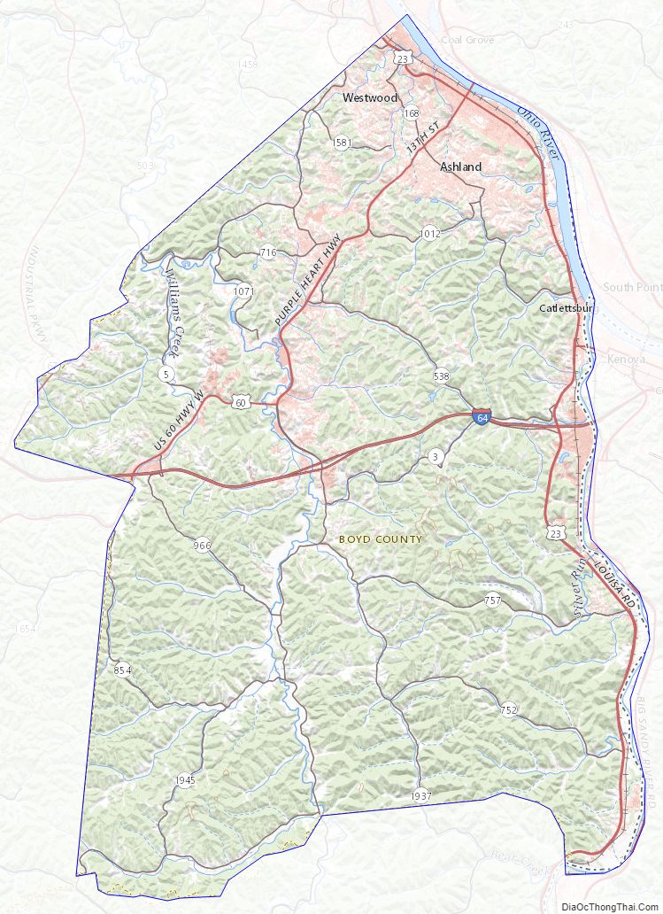 Topographic map of Boyd County, Kentucky