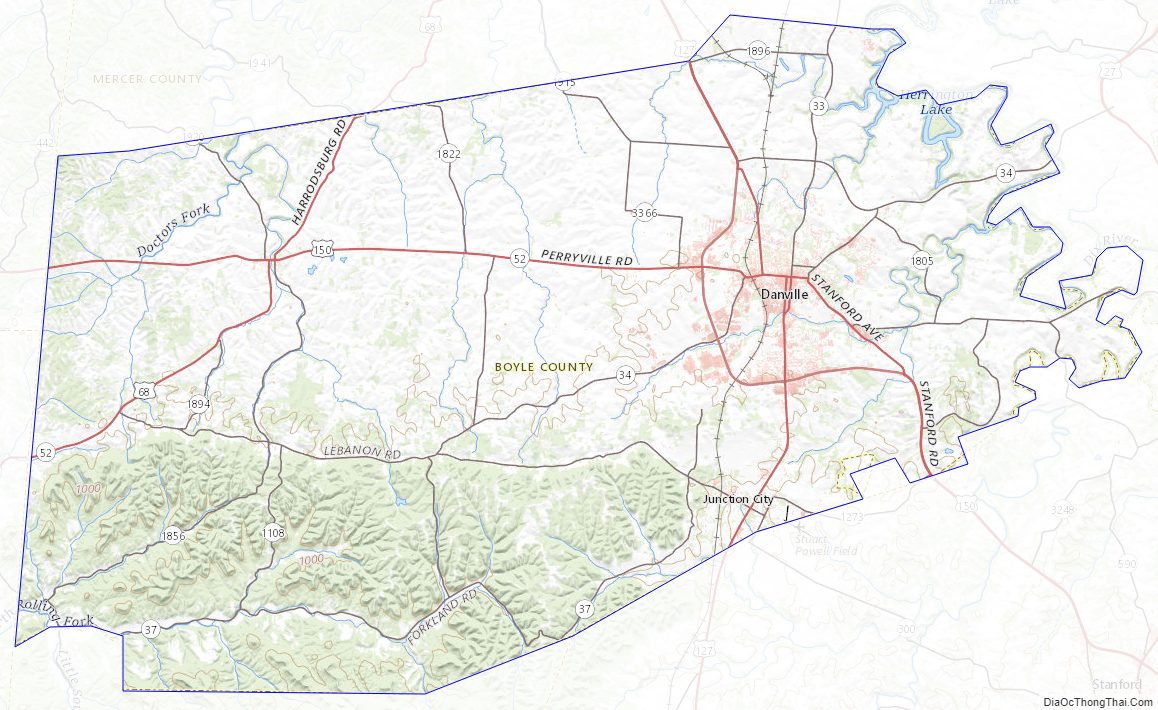 Topographic map of Boyle County, Kentucky