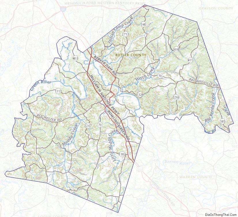 Topographic Map of Butler County, Kentucky