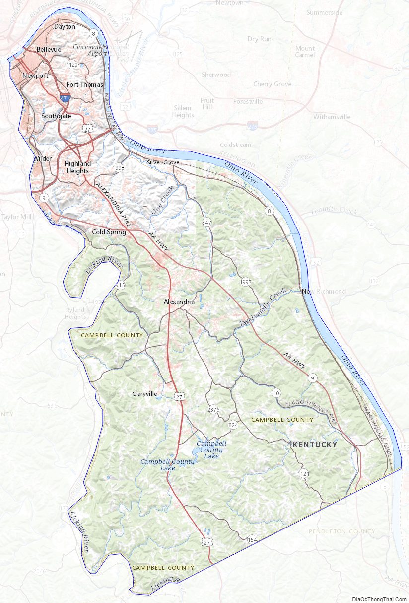 Topographic map of Campbell County, Kentucky