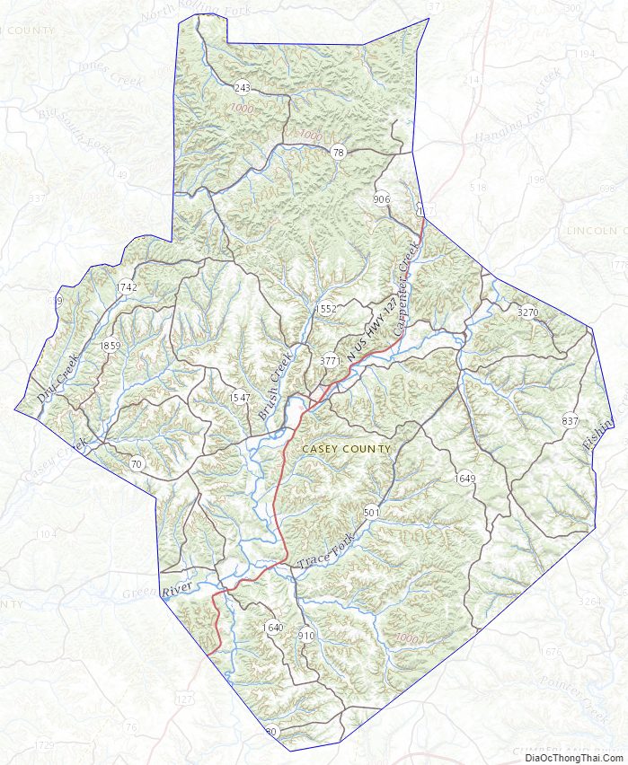 Topographic map of Casey County, Kentucky