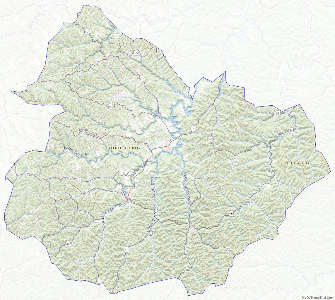 Topographic map of Elliott County, Kentucky