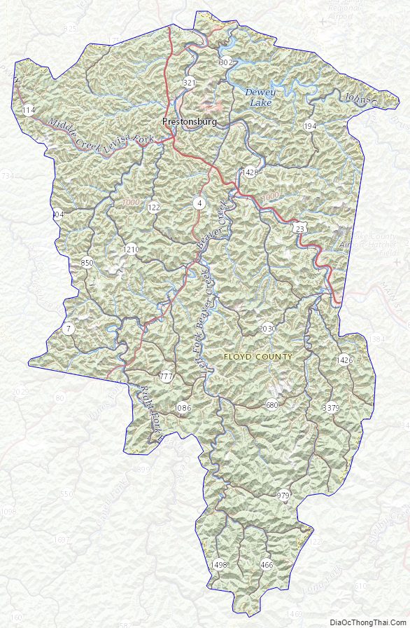 Topographic map of Floyd County, Kentucky