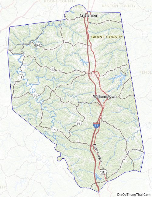 Topographic map of Grant County, Kentucky