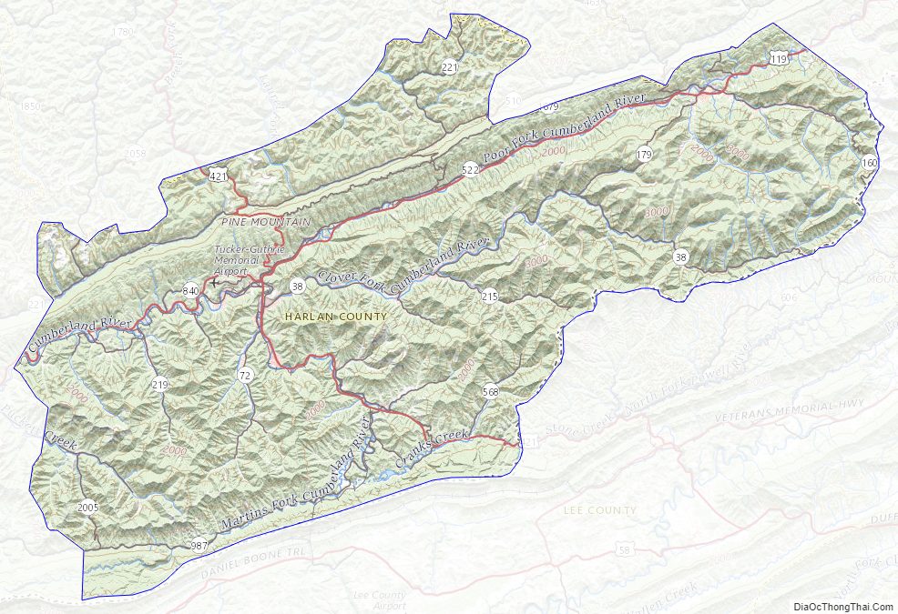 Topographic map of Harlan County, Kentucky