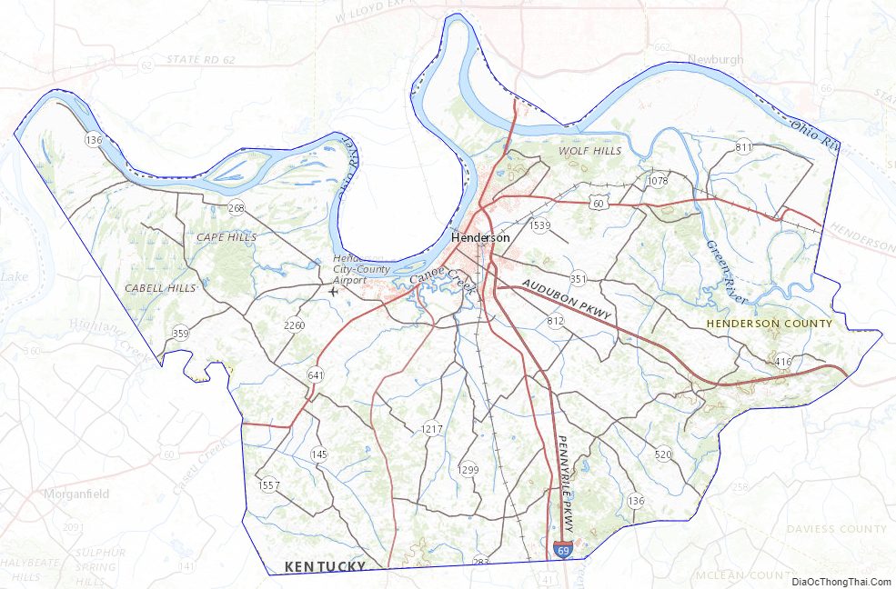 Topographic map of Henderson County, Kentucky