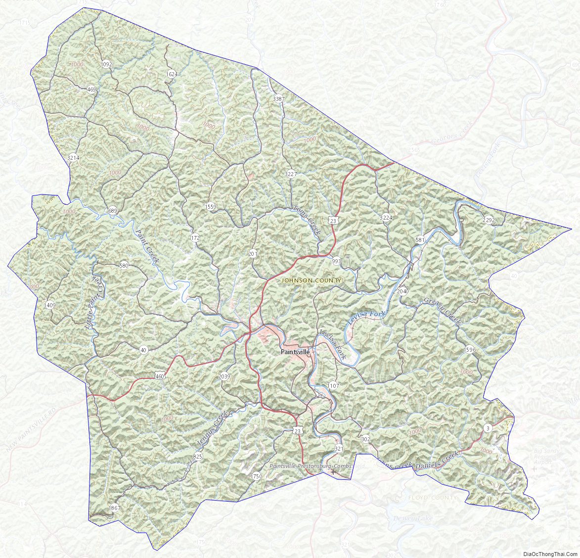 Topographic map of Johnson County, Kentucky