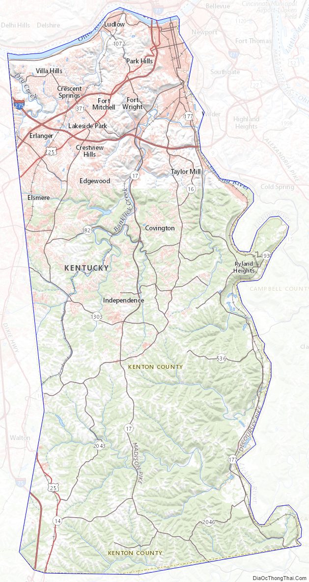 Topographic map of Kenton County, Kentucky