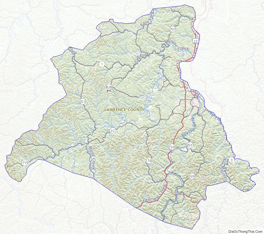 Topographic map of Lawrence County, Kentucky