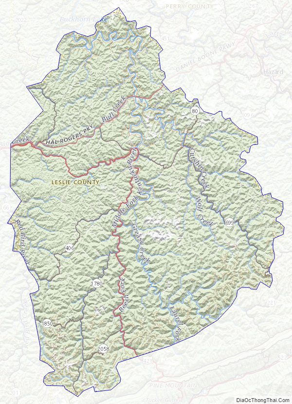 Topographic map of Leslie County, Kentucky