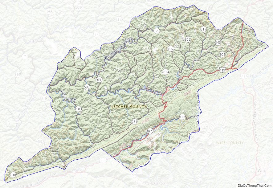 Topographic map of Letcher County, Kentucky