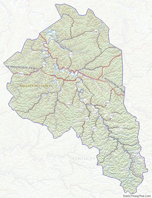Topographic map of Magoffin County, Kentucky