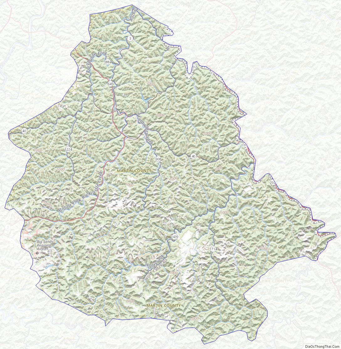 Topographic map of Martin County, Kentucky