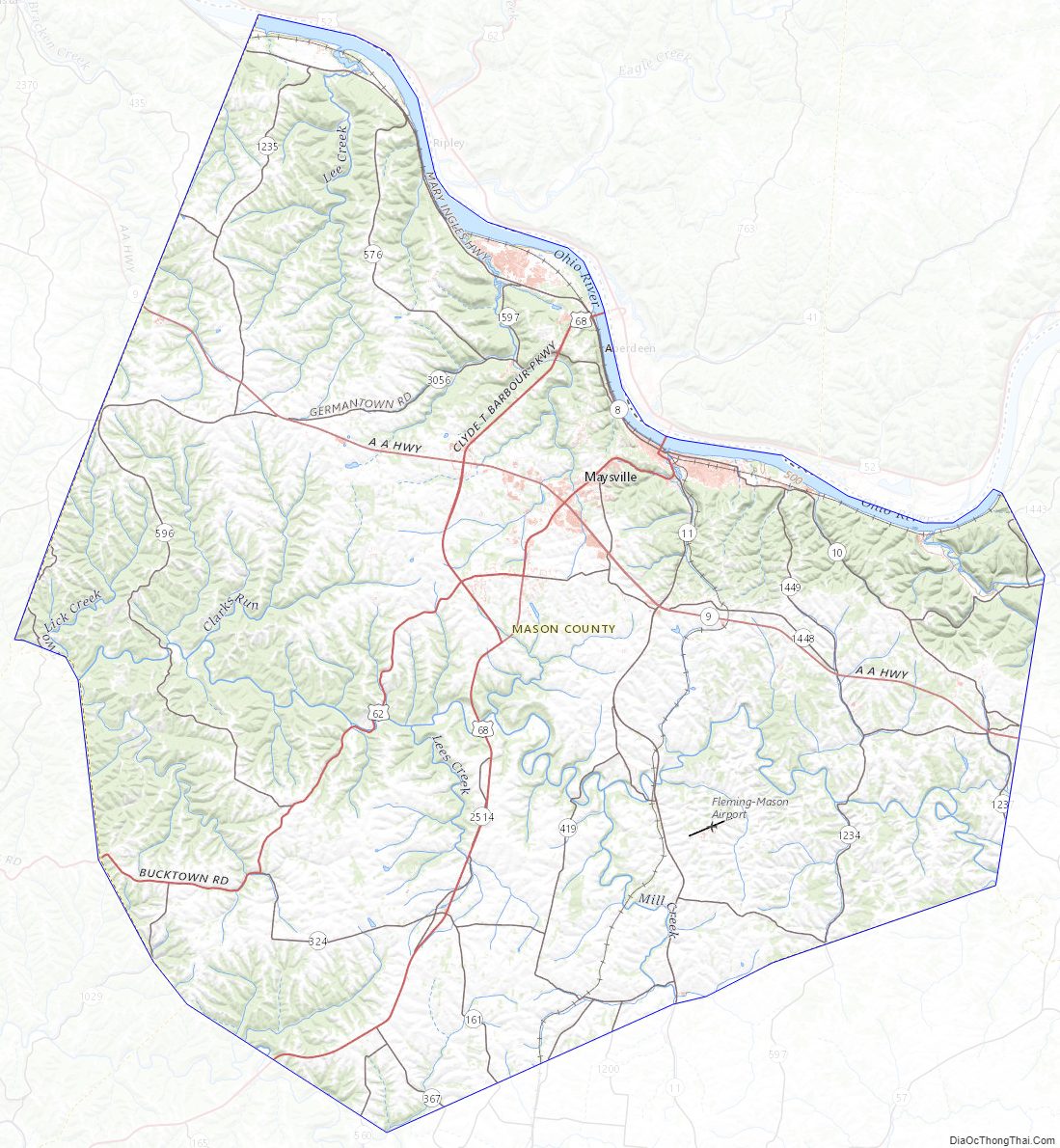 Topographic map of Mason County, Kentucky