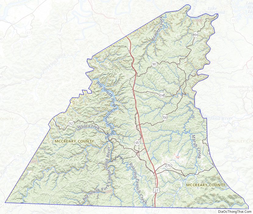 Topographic map of McCreary County, Kentucky