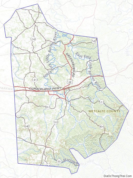 Topographic map of Metcalfe County, Kentucky