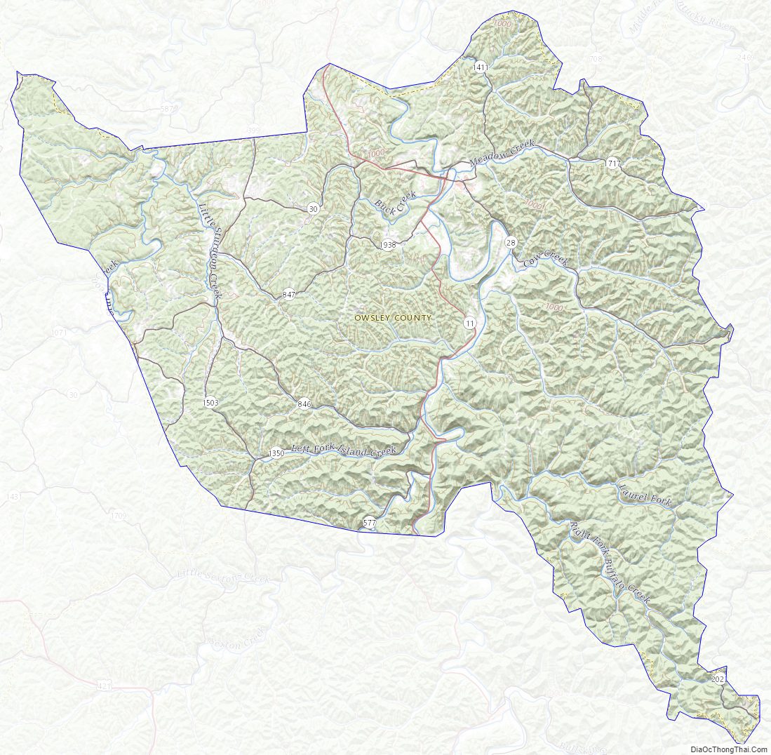 Topographic map of Owsley County, Kentucky