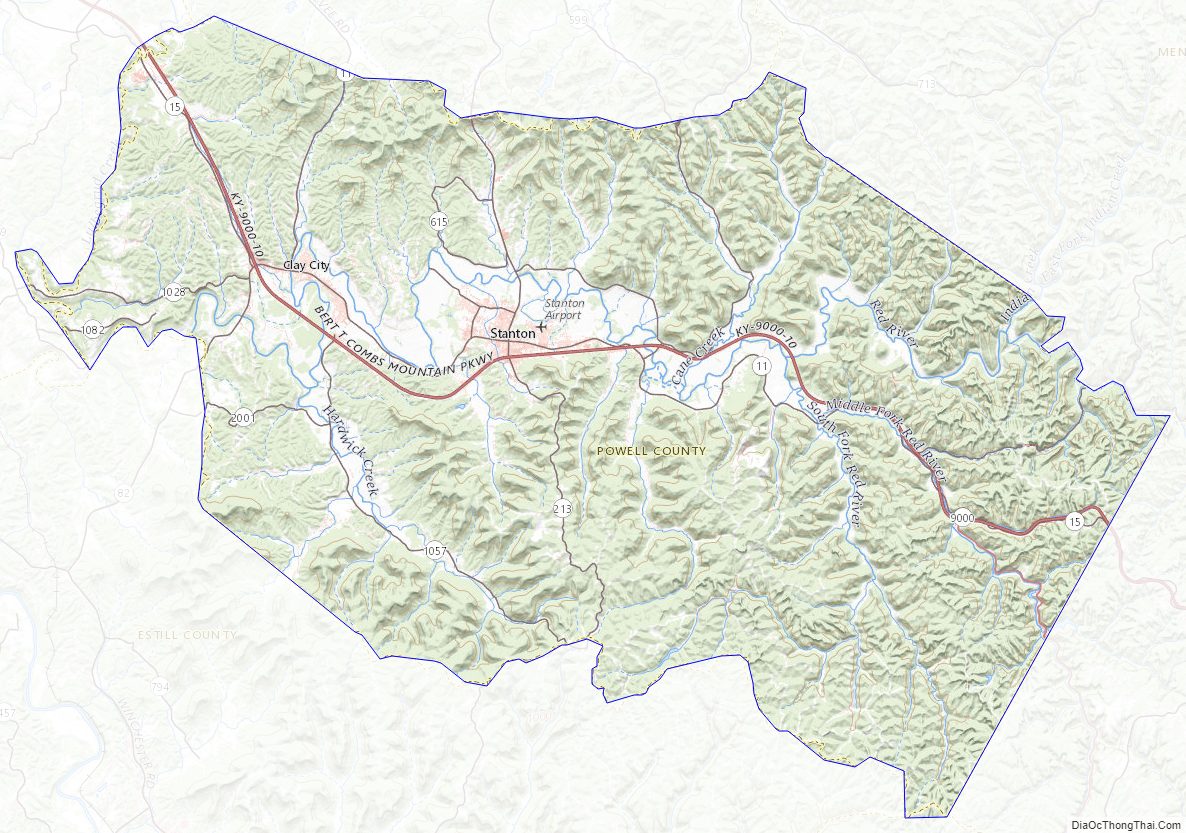 Topographic map of Powell County, Kentucky
