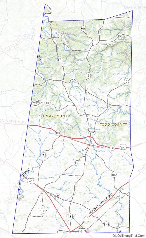 Topographic map of Todd County, Kentucky