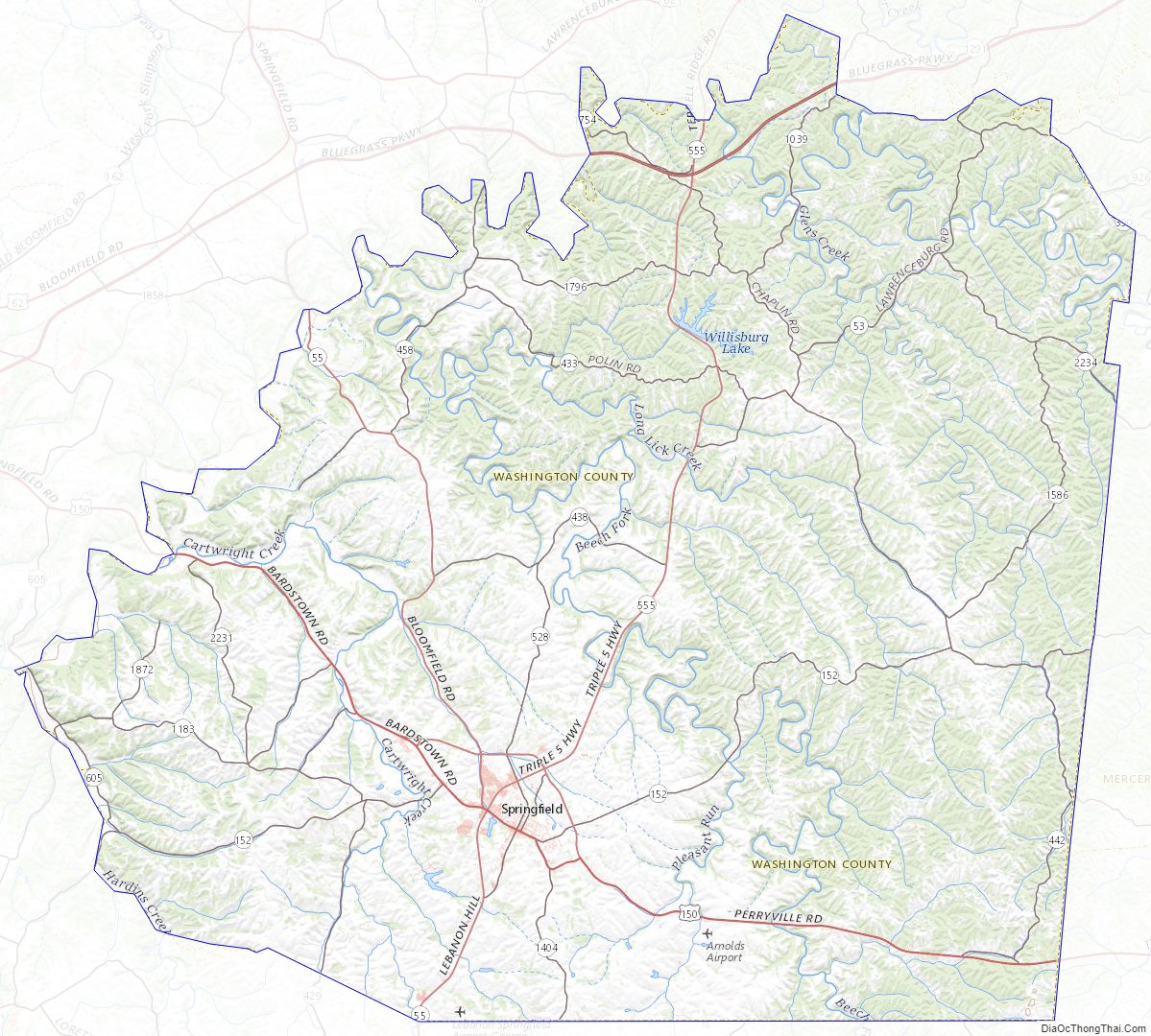 Topographic map of Washington County, Kentucky