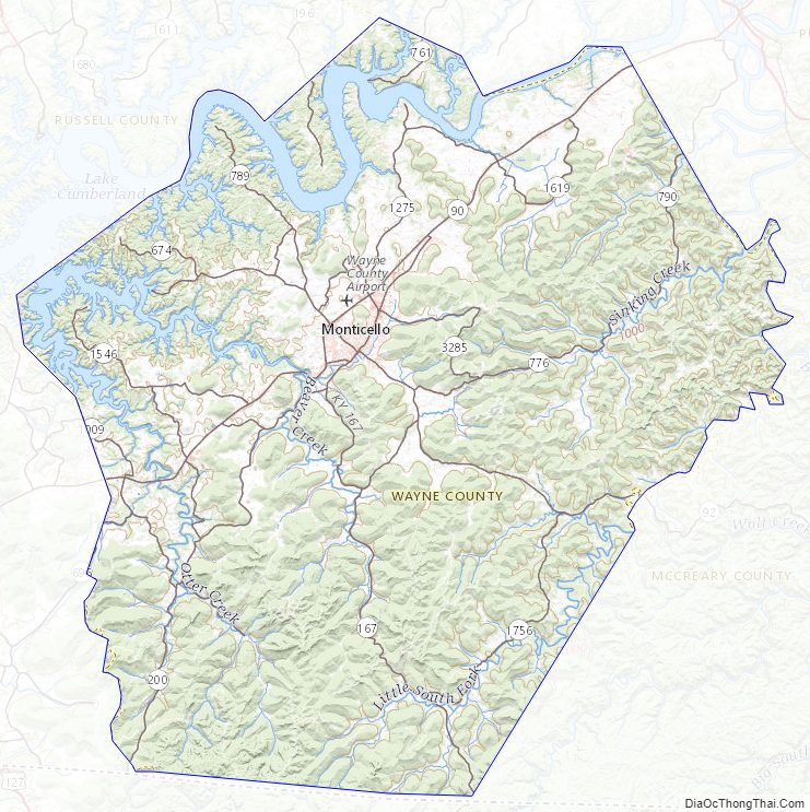 Topographic map of Wayne County, Kentucky