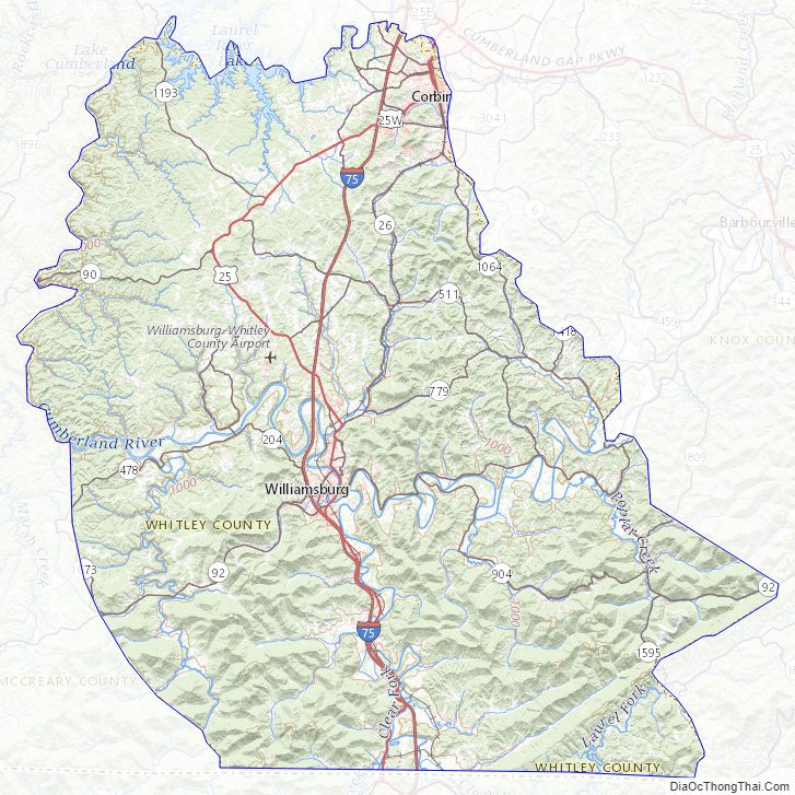 Topographic map of Whitley County, Kentucky