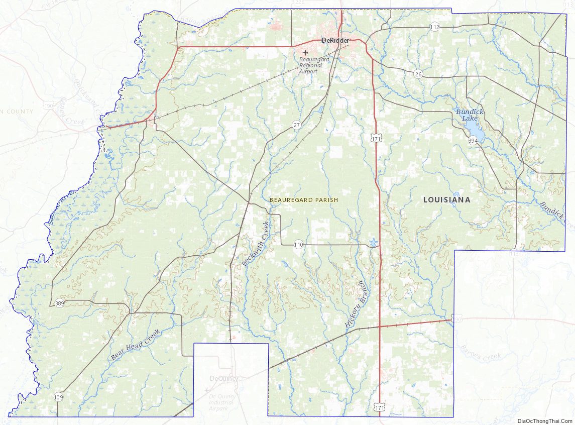 Topographic map of Beauregard Parish, Louisiana