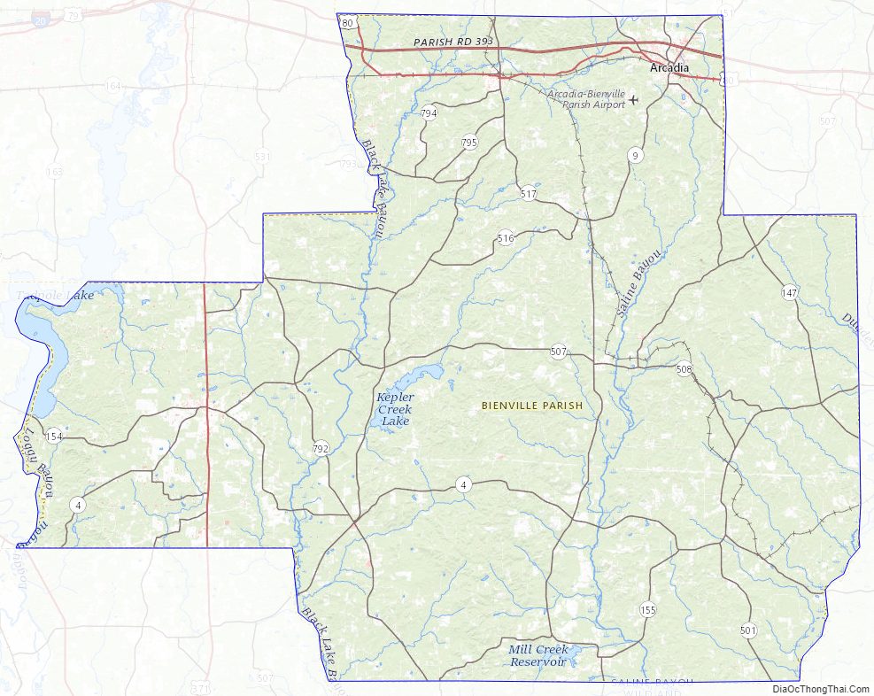 Topographic map of Bienville Parish, Louisiana