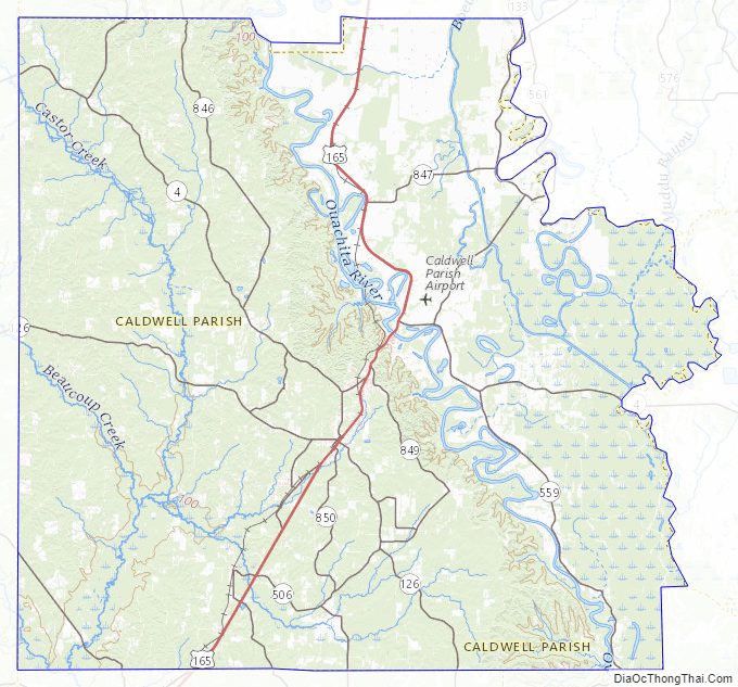 Topographic map of Caldwell Parish, Louisiana