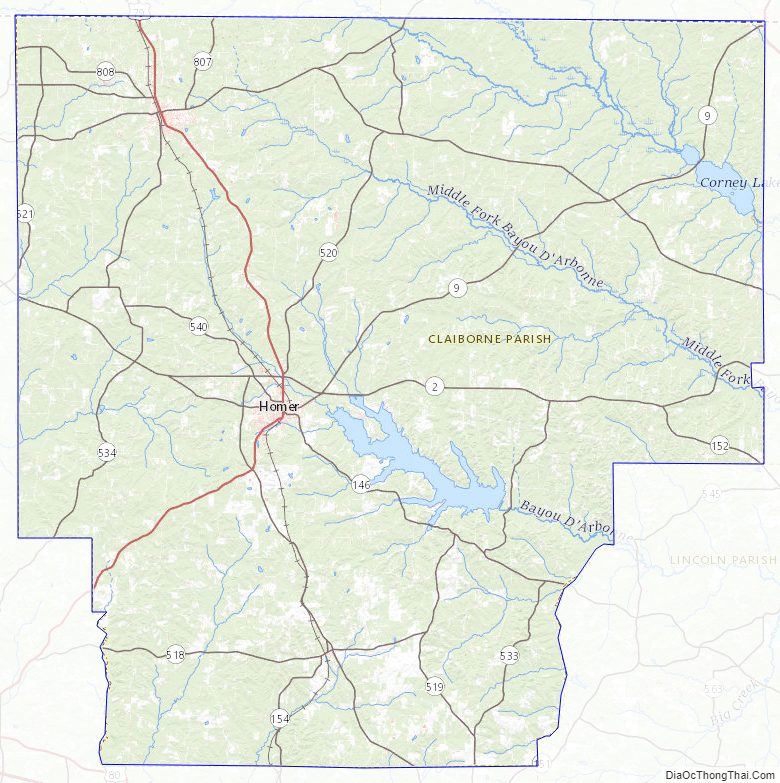 Topographic map of Claiborne Parish, Louisiana