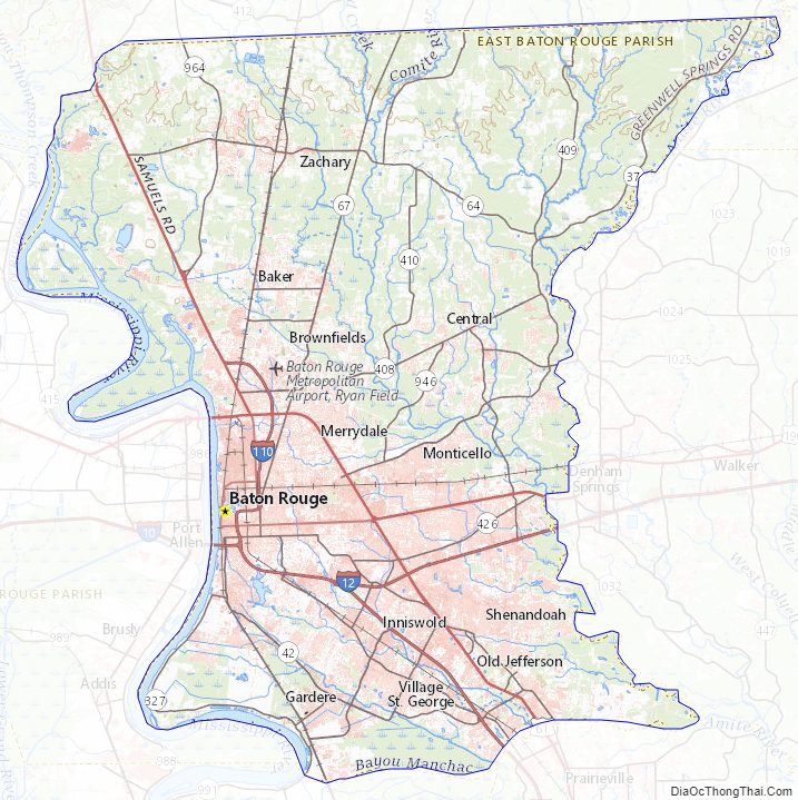Topographic map of East Baton Rouge Parish, Louisiana
