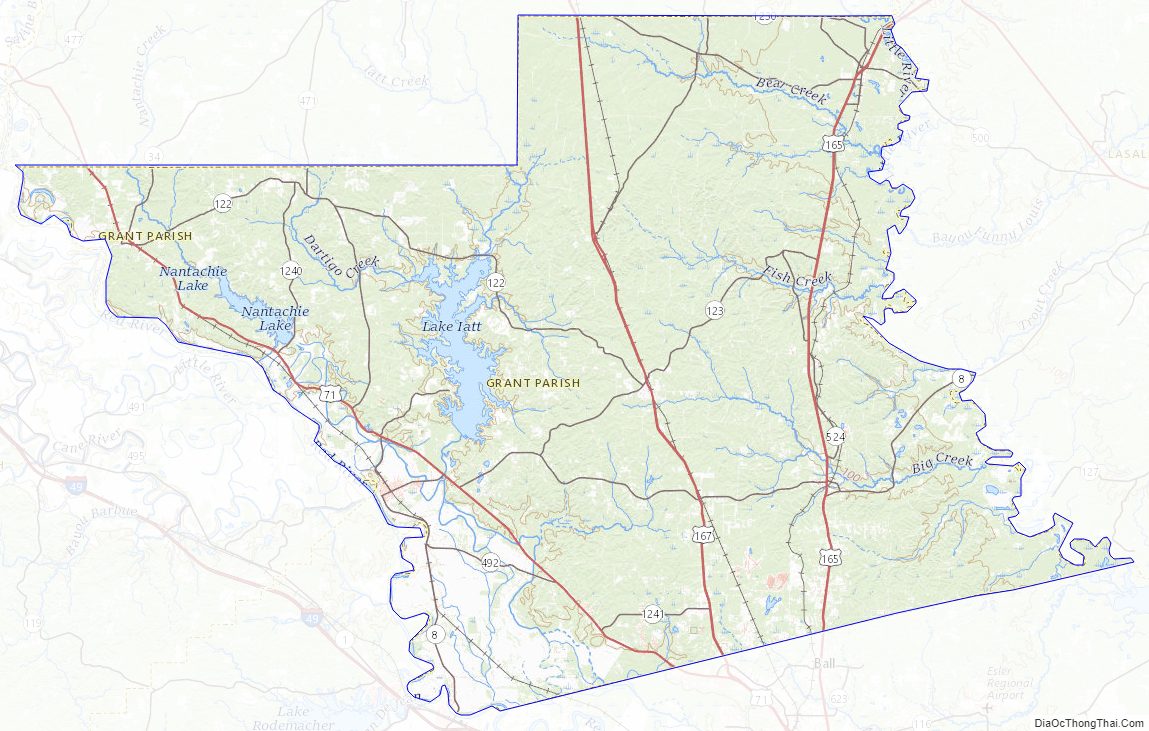 Topographic map of Grant Parish, Louisiana